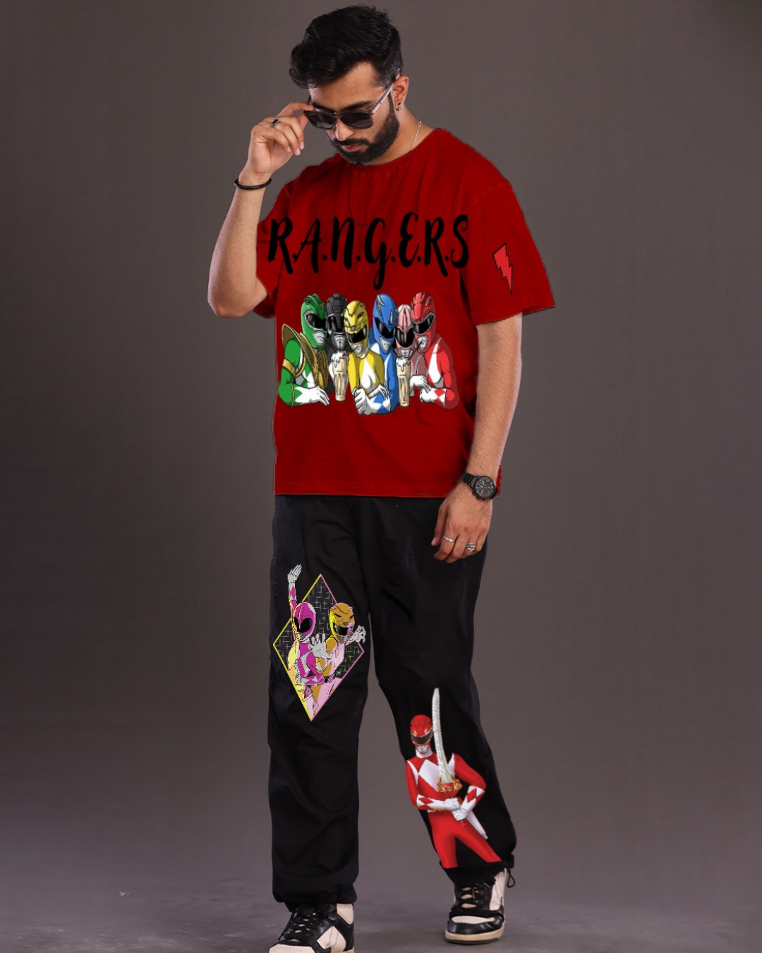 Men's Rangers Oversized Co-Ord Set - Red and Black