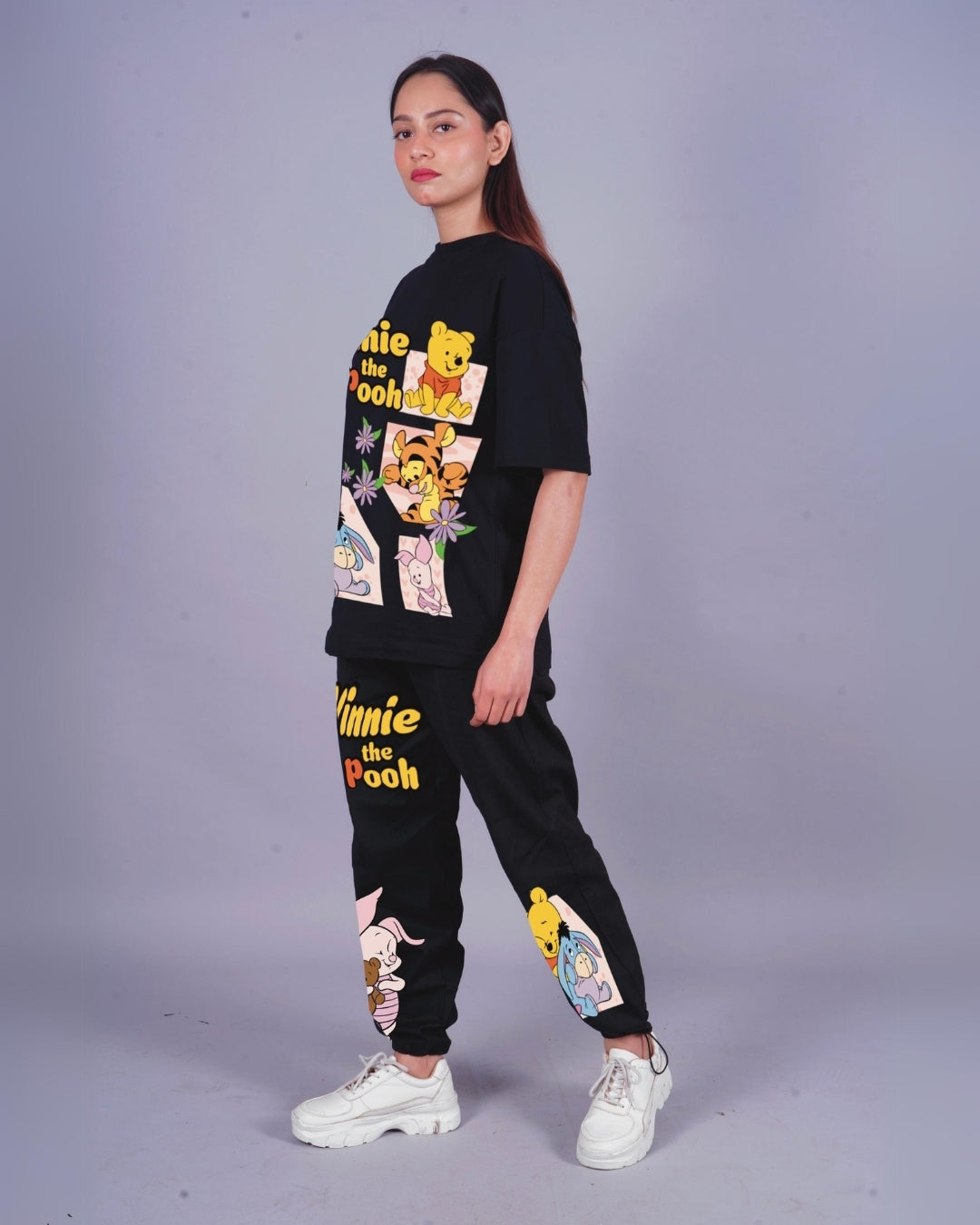 Women Winnie the Pooh Oversized Co-Ord Set - Black and Black