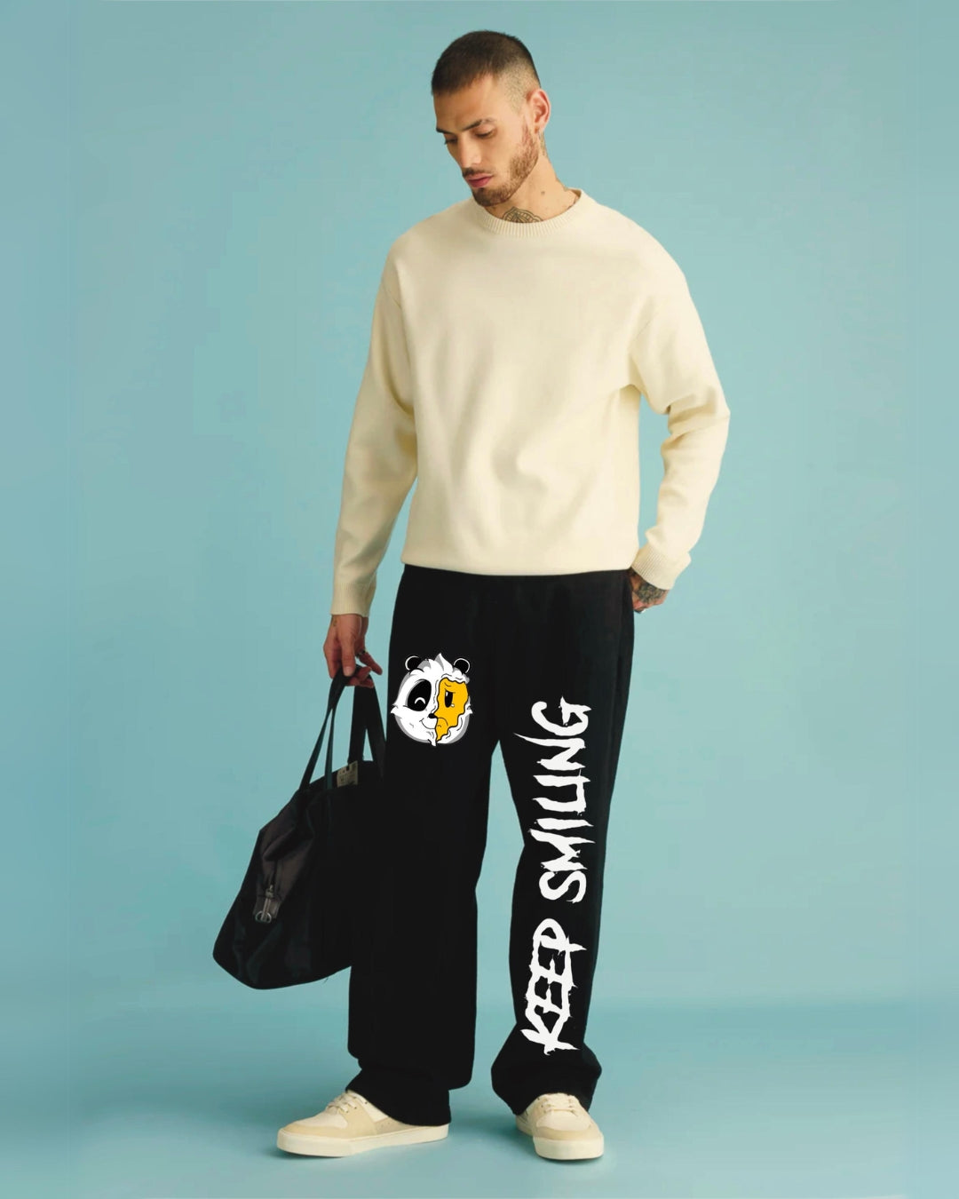 Mens Black Cotton Pants with Keep Smiling Design(*)