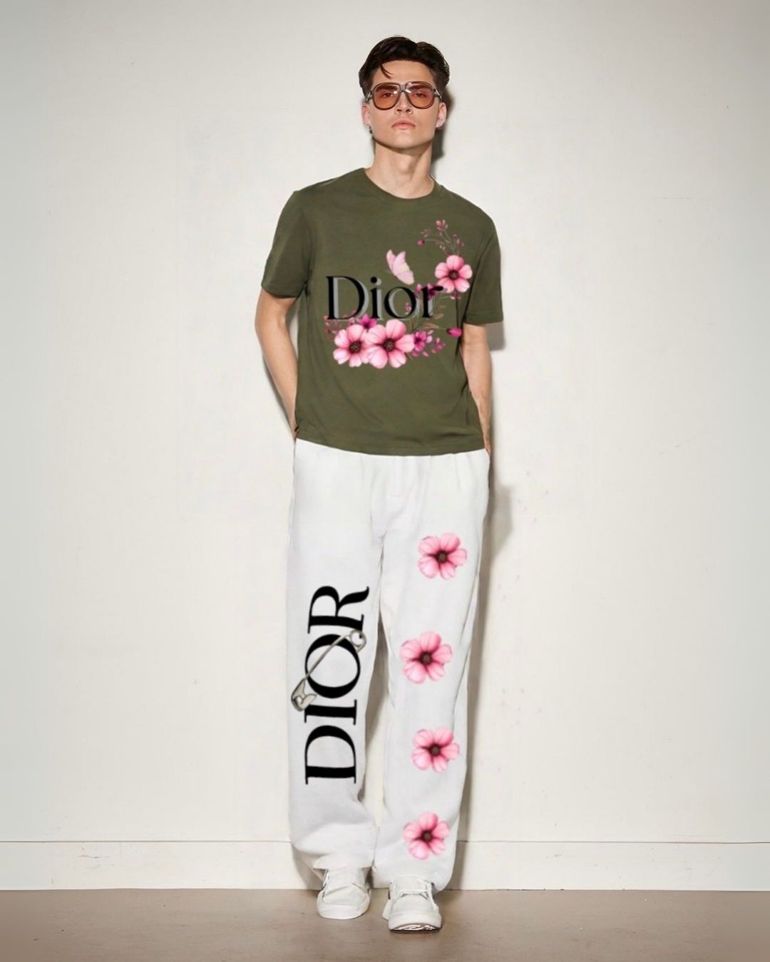 MEN'S DIOR FLOWER PIN CORDS (OLIVE AND WHITE)