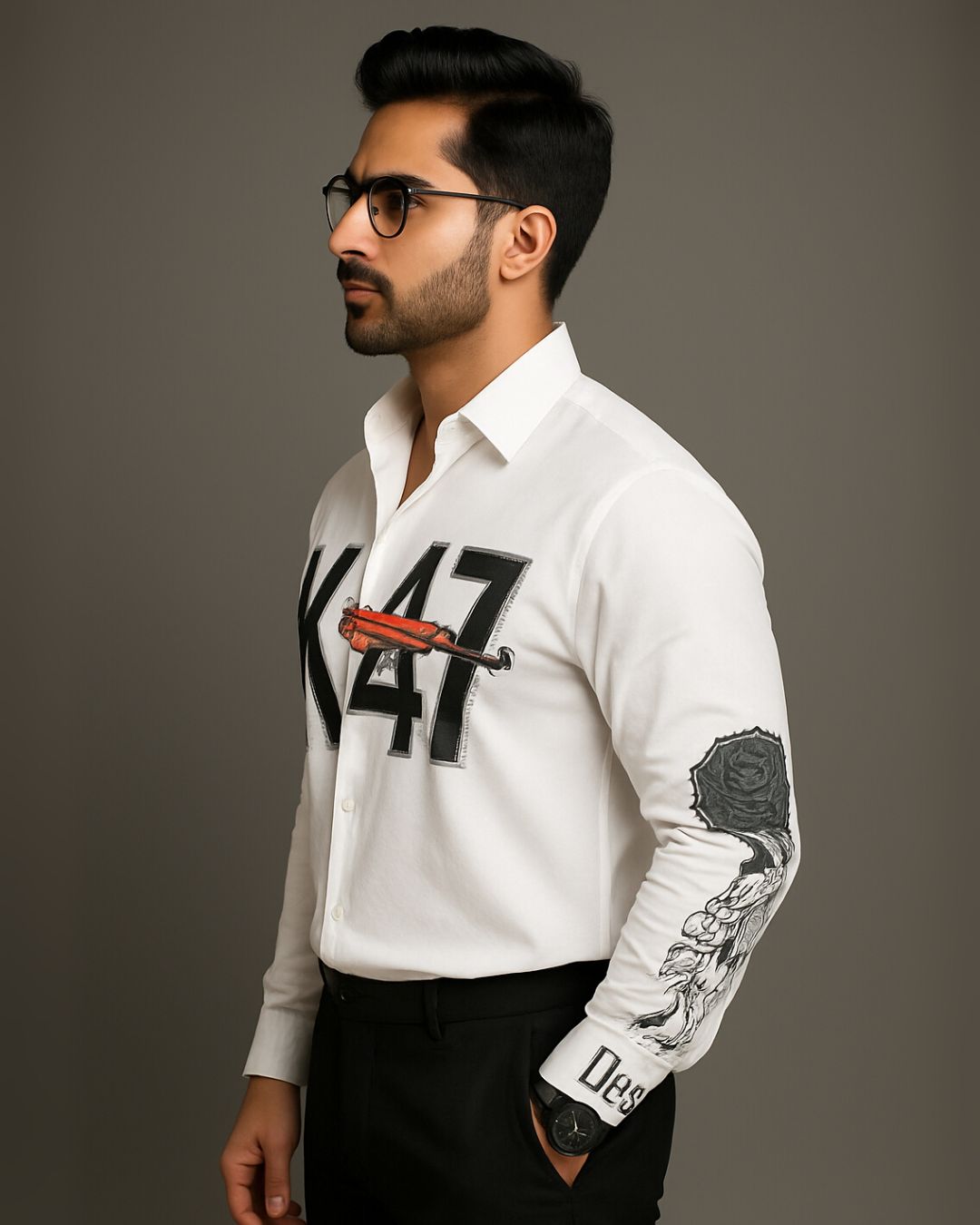 MEN'S AK47 FULL SLEEVE WHITE SHIRT(*)