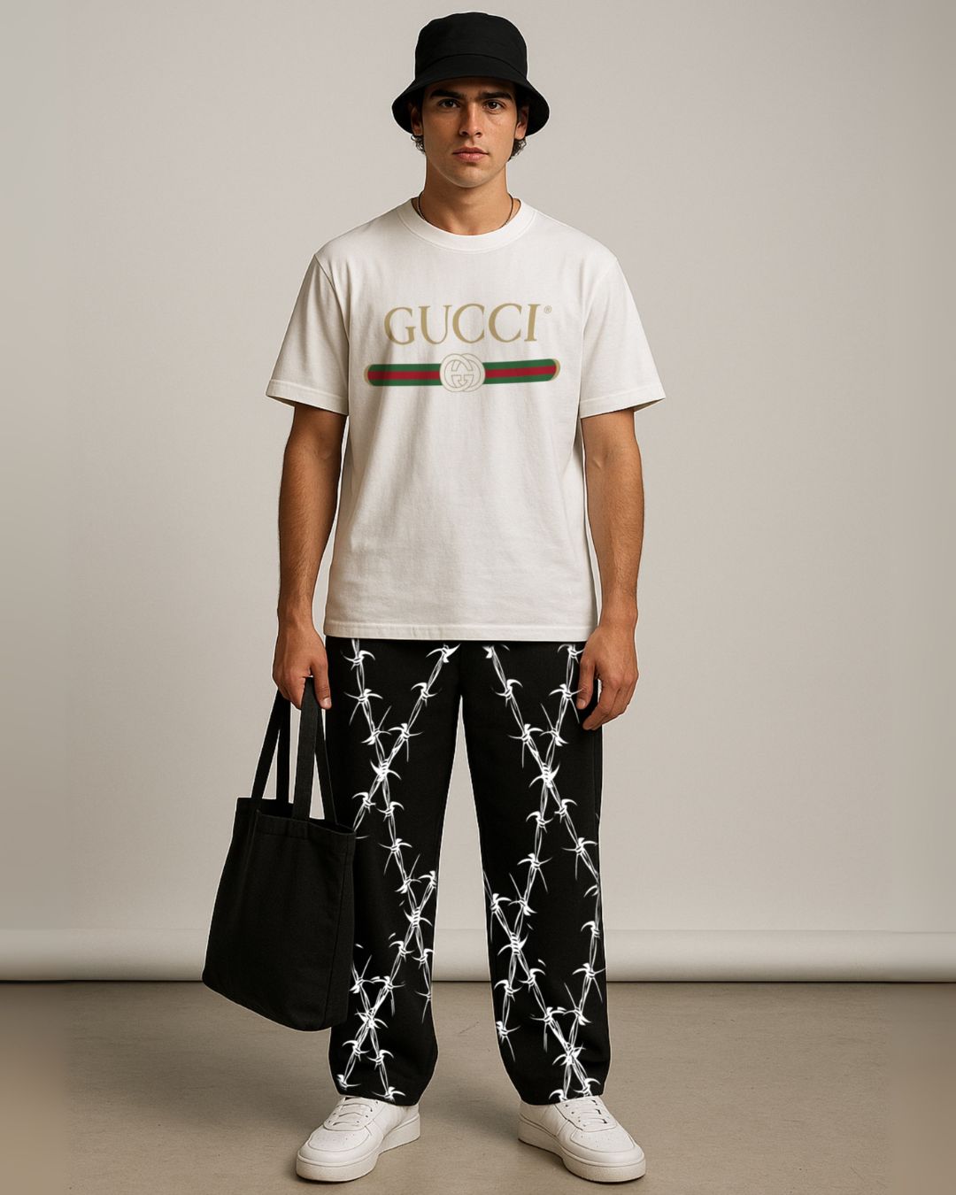 GUCCI BRANDED WHITE TEES WITH BLACK COTTON PANT - CHAIN GRAPHIC(*)