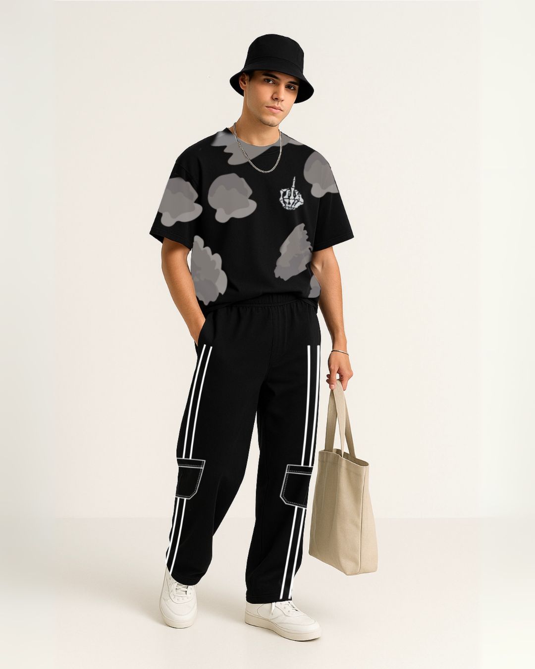FINGER UP UNISEX EXCLUSIVE OVERSIZED TEE - BLACK WITH MEN'S BLACK COTTON PANT - WHITE STRIPE(*)