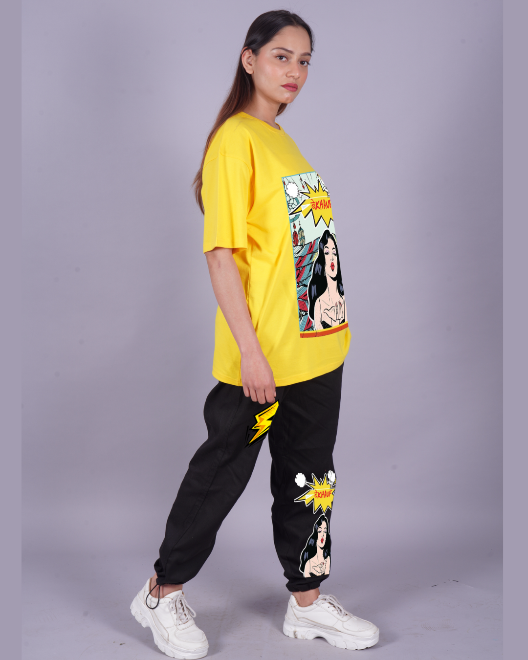 Women Bekhauf Graphic Oversized Co-Ord Set - Yellow and Black