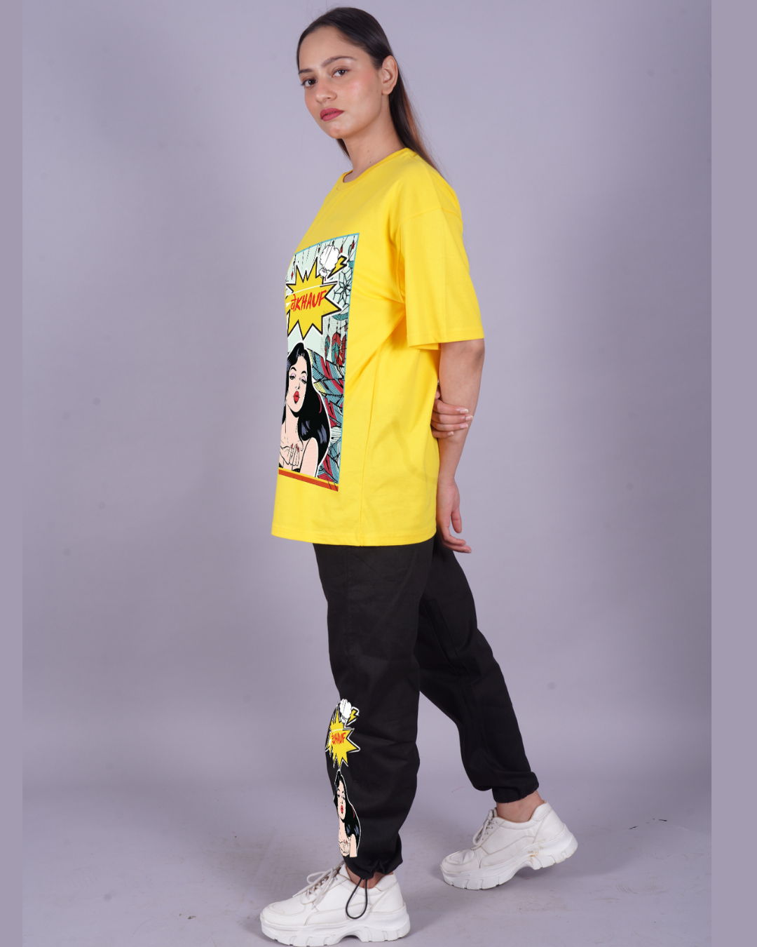 Women Bekhauf Graphic Oversized Co-Ord Set - Yellow and Black