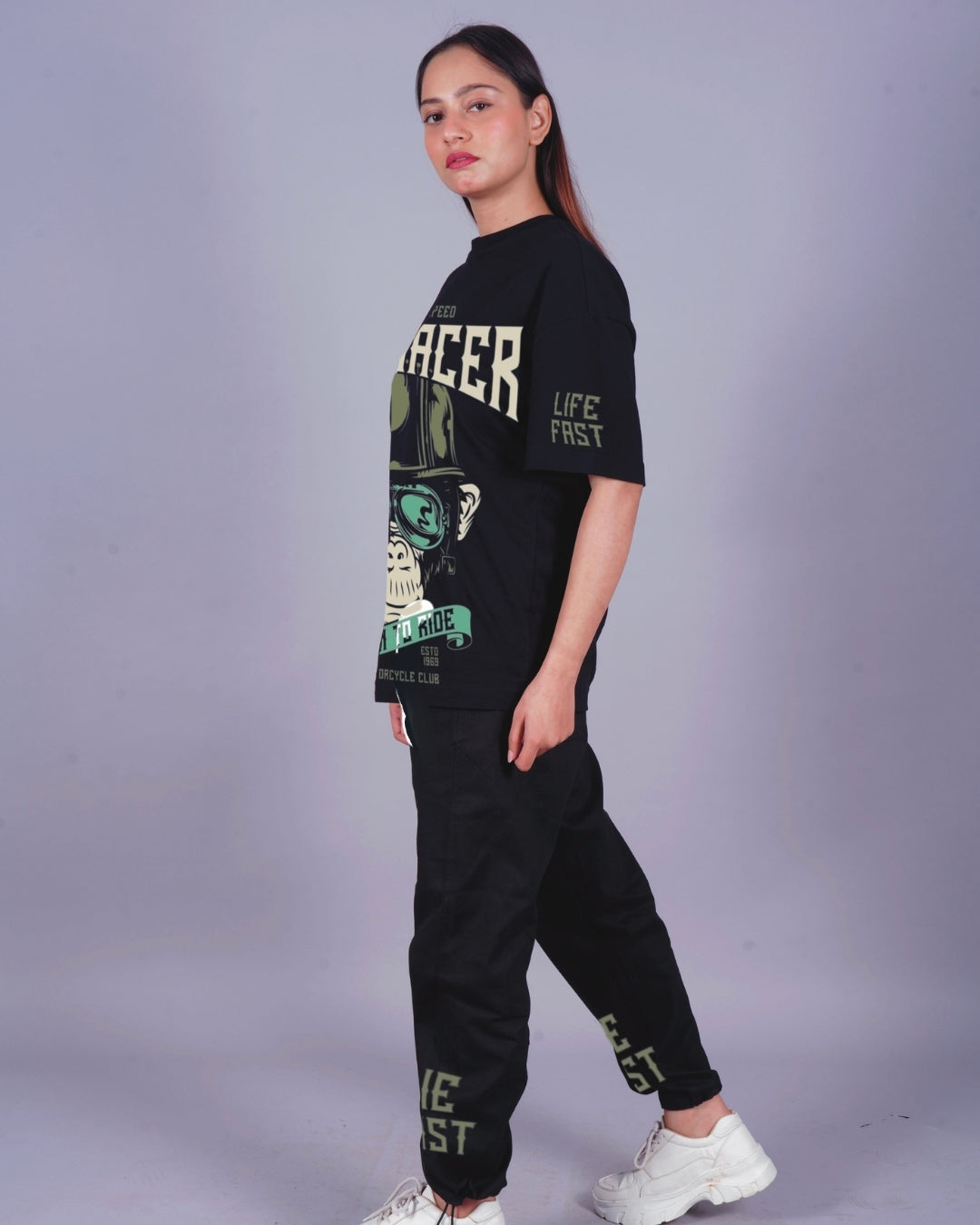 Women CafeRacer Oversized Co-Ord Set - Black and Black