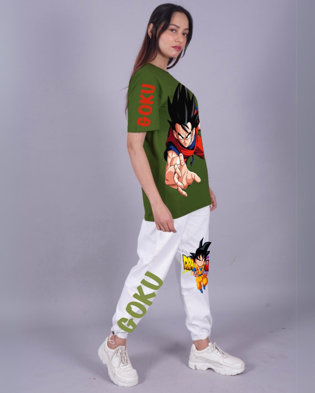 Women Goku Oversized Co-Ord Set - Olive and White