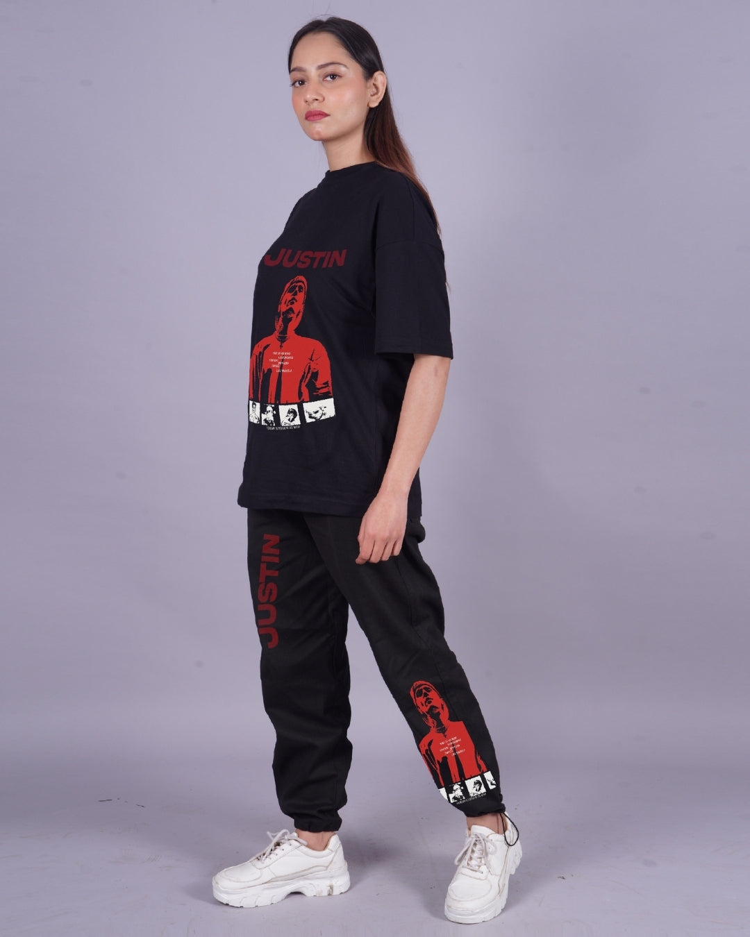 Women Justin Bieber Heart Breaker Oversized Co-Ord Set - Black and Black