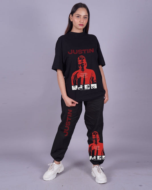 Women Justin Bieber Heart Breaker Oversized Co-Ord Set - Black and Black