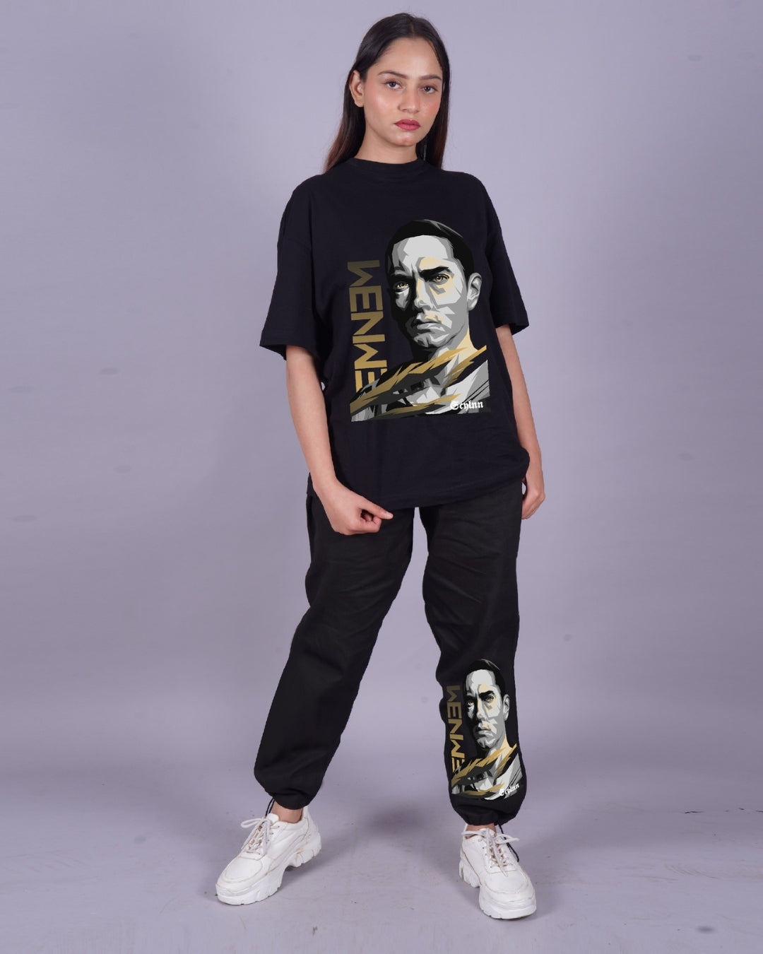 Women Eminem Graphic Oversized Co-Ord Set - Black and Black