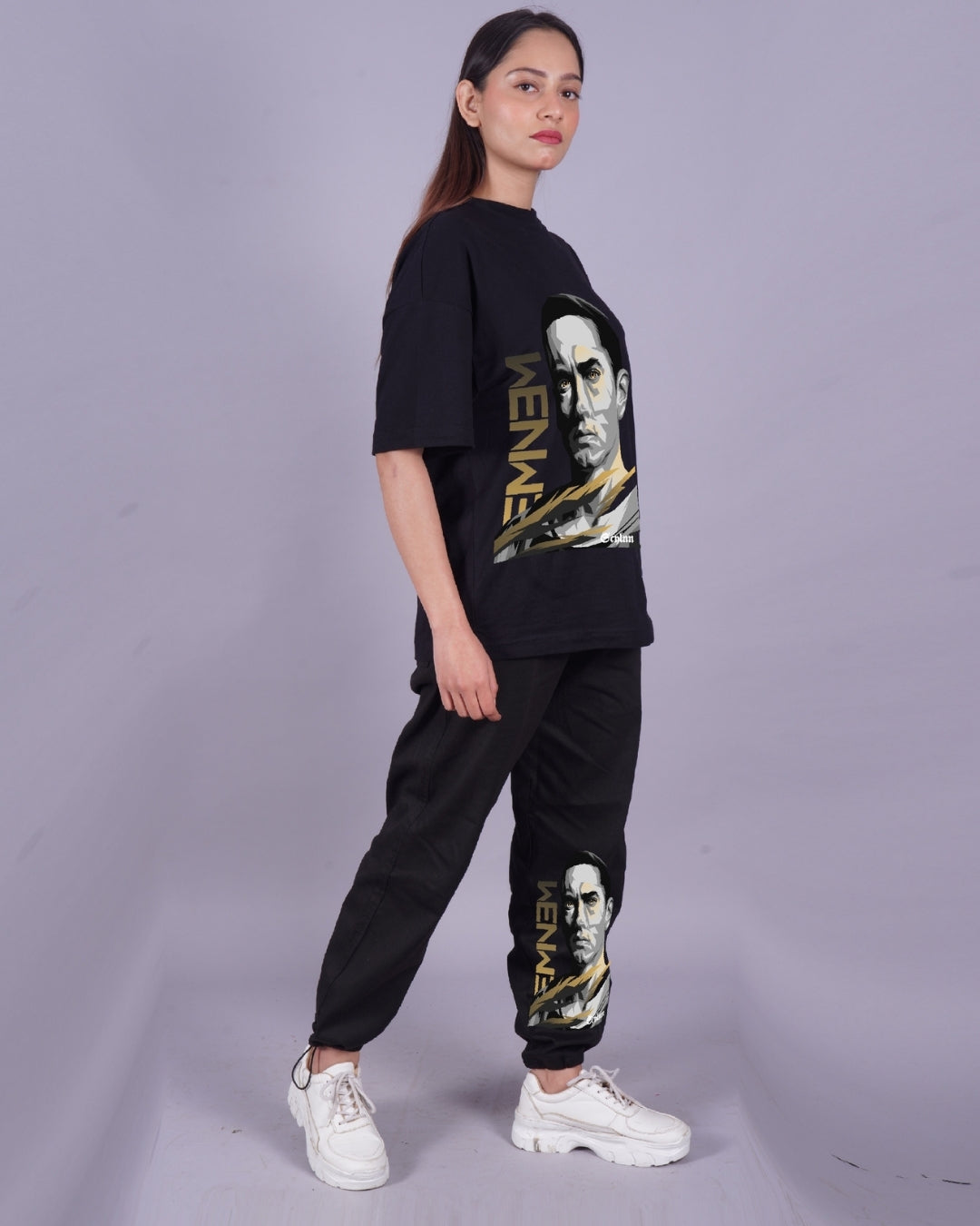 Women Eminem Graphic Oversized Co-Ord Set - Black and Black