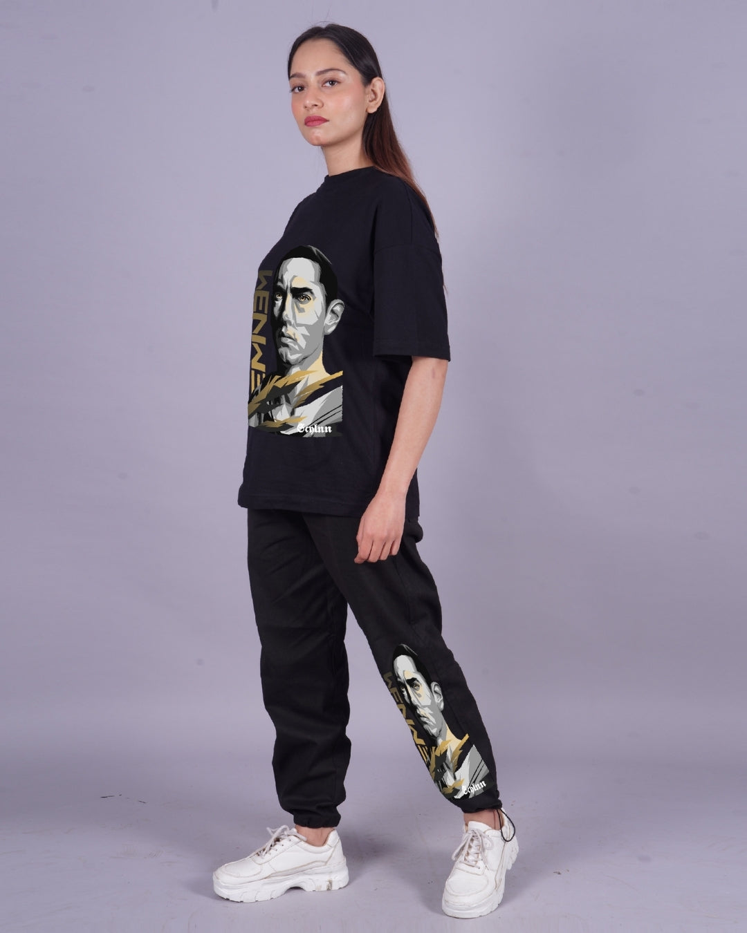 Women Eminem Graphic Oversized Co-Ord Set - Black and Black