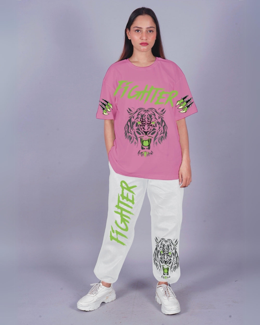 Women Fighter Oversized Co-Ord Set - Pink and White