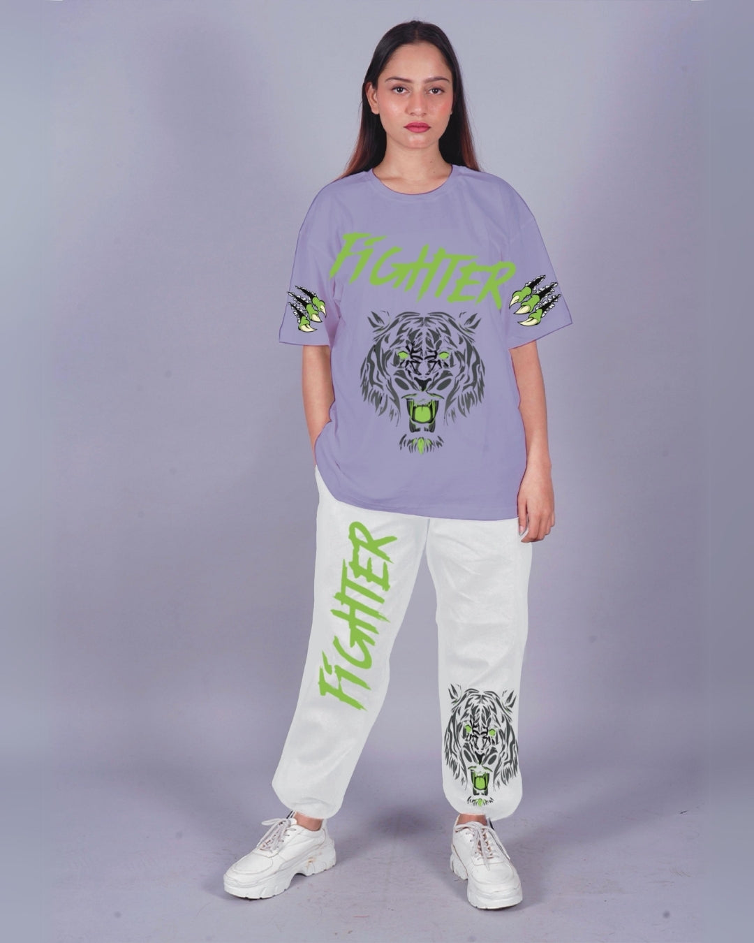 Women Fighter Oversized Co-Ord Set - Purple and White