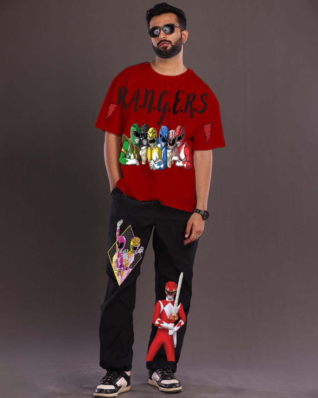 Men's Rangers Oversized Co-Ord Set - Red and Black