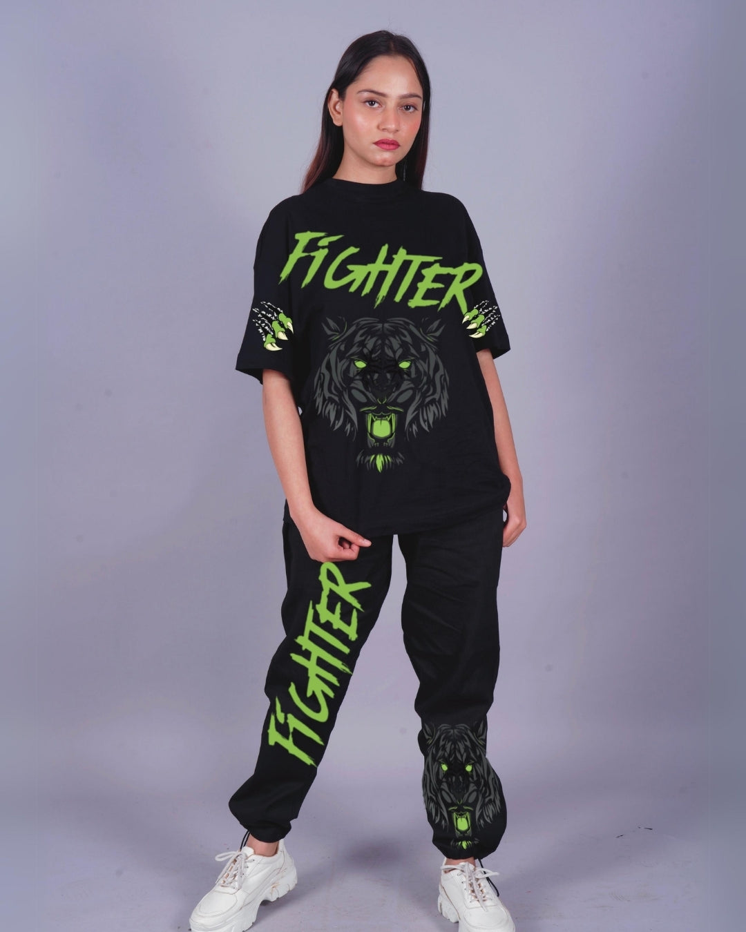 Women Fighter Oversized Co-Ord Set - Black and Black