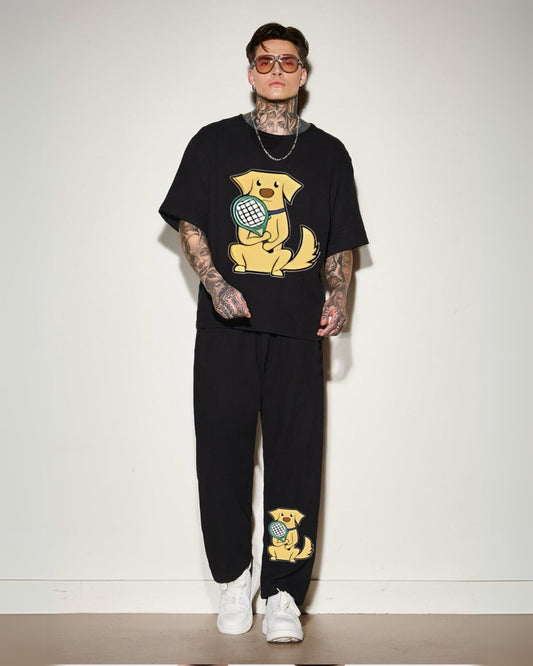 Men's Tennis Pup Oversized Co-Ord Set - Black and Black