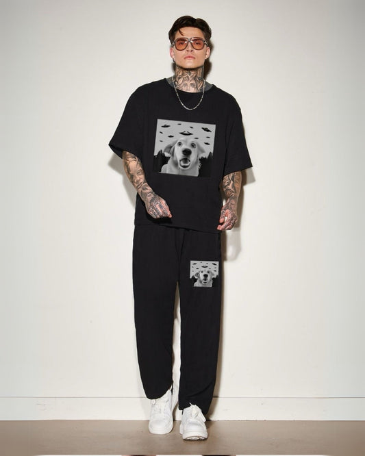 Men's UFO Pup Oversized Co-Ord Set - Black and Black