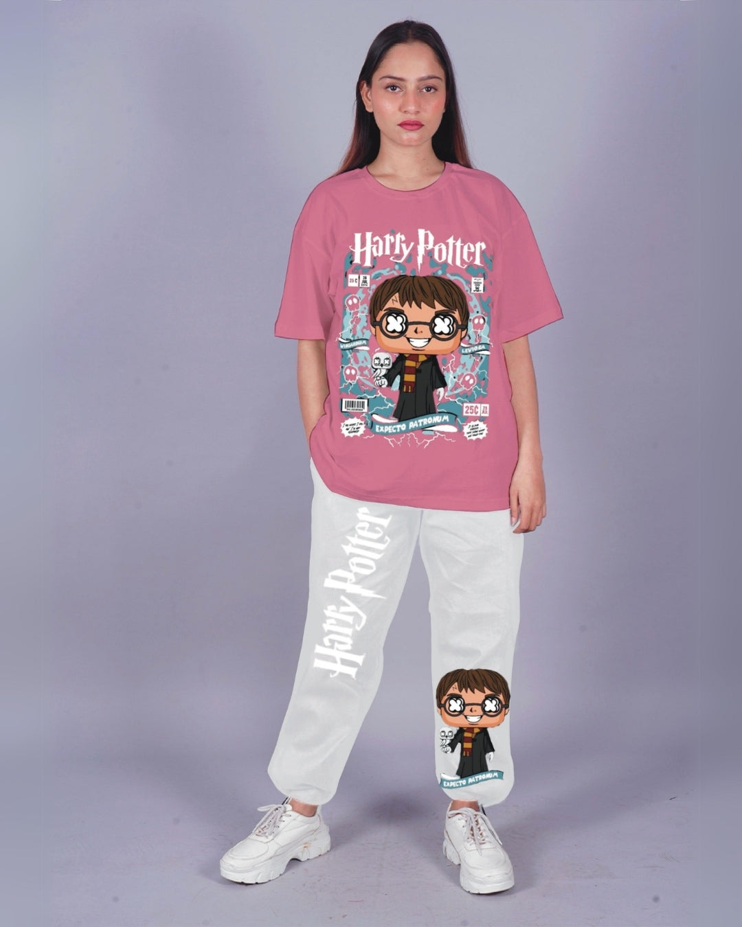 Women Young Harry Porter Oversized Co-Ord Set - Pink and White