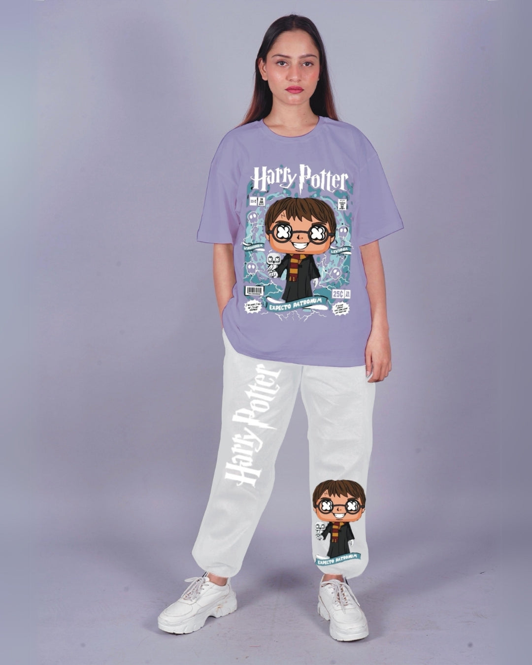 Women Young Harry Porter Oversized Co-Ord Set - Purple and White