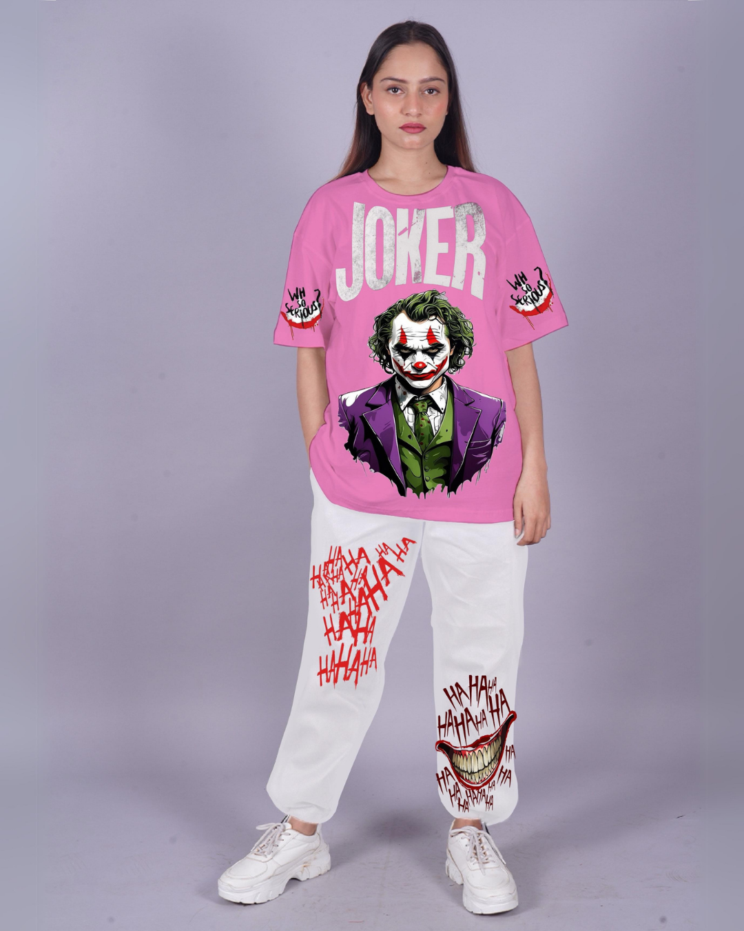 Women Joker Graphic Oversized Co-Ord Set - Pink and White