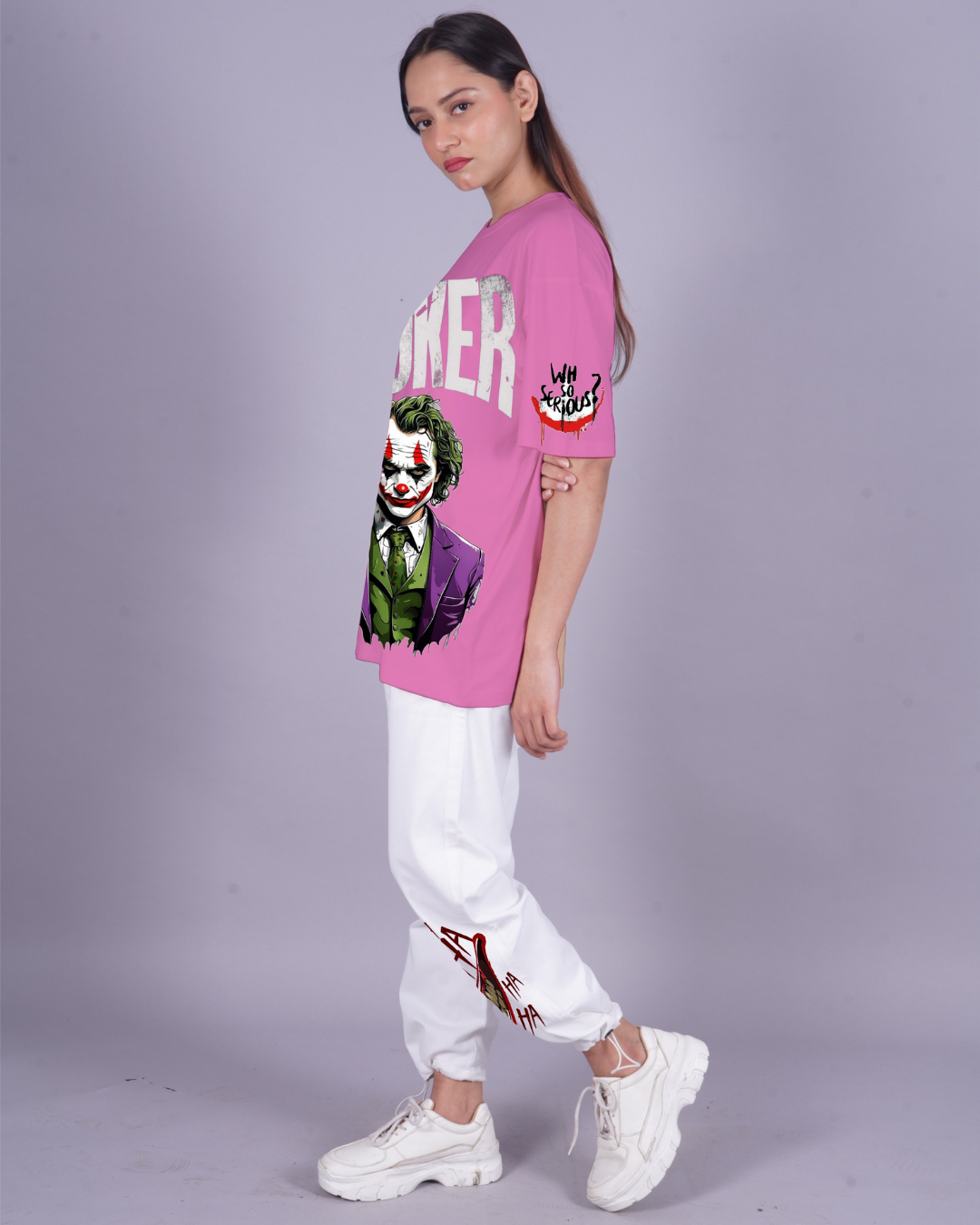 Women Joker Graphic Oversized Co-Ord Set - Pink and White