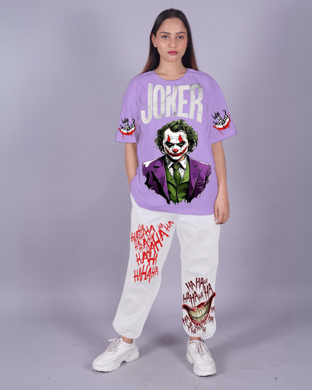 Women Joker Graphic Oversized Co-Ord Set - Purple and White