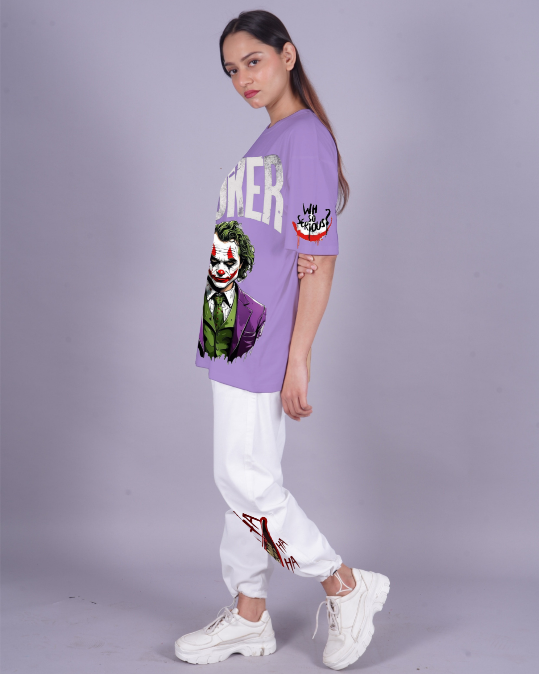 Women Joker Graphic Oversized Co-Ord Set - Purple and White