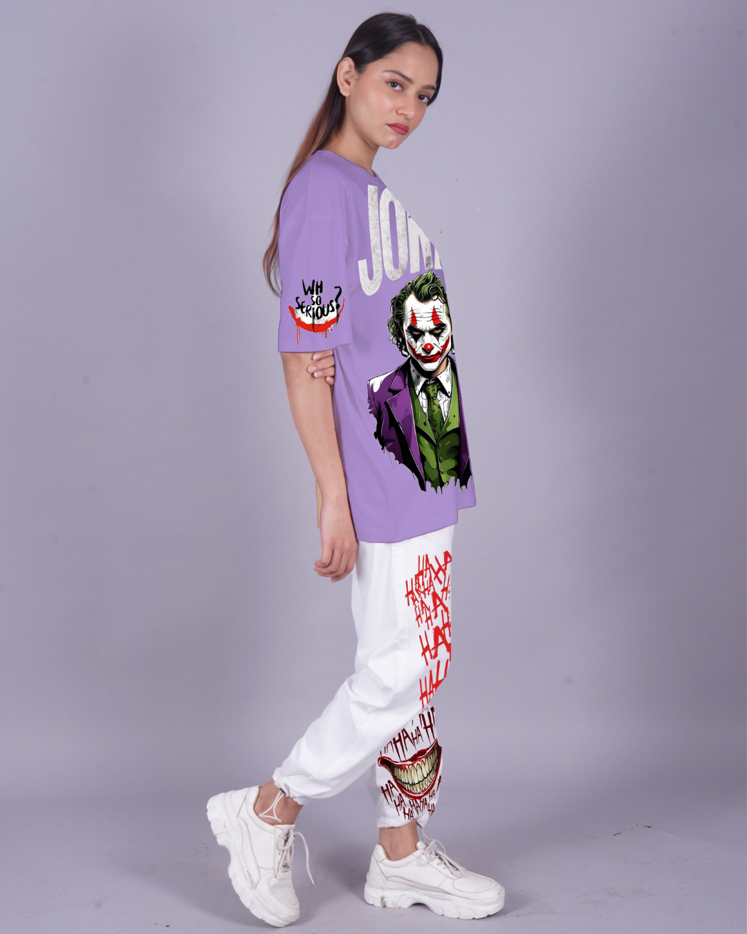 Women Joker Graphic Oversized Co-Ord Set - Purple and White