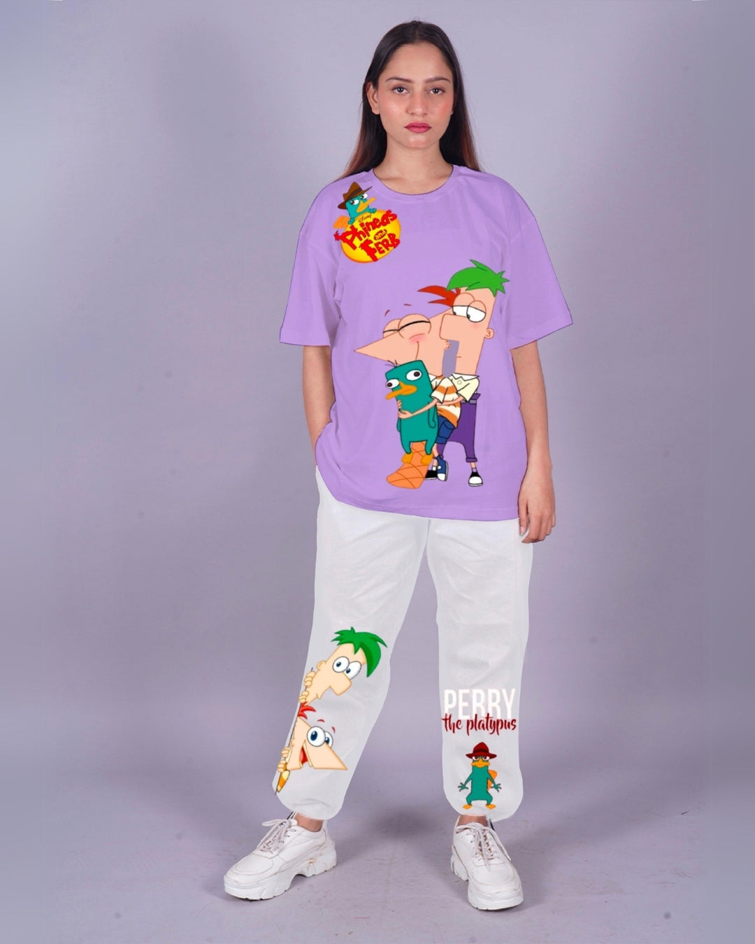 Women Perry the Platypus Oversized Co-Ord Set - Purple and White