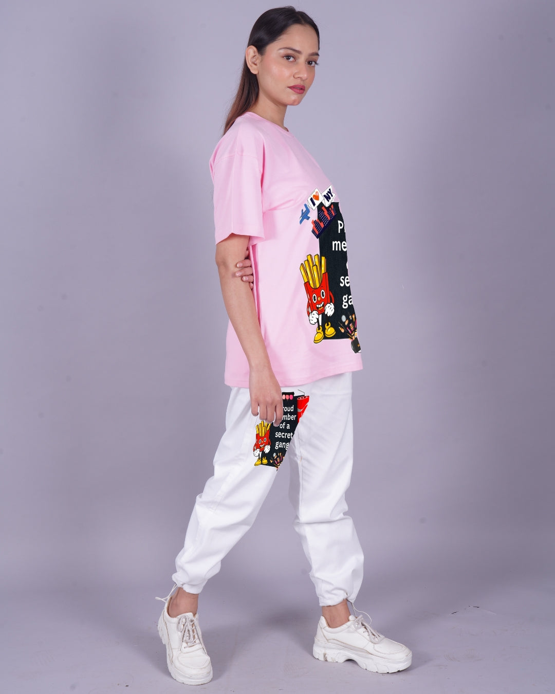 Women Secret Gang Oversized Co-Ord Set - Pink and White