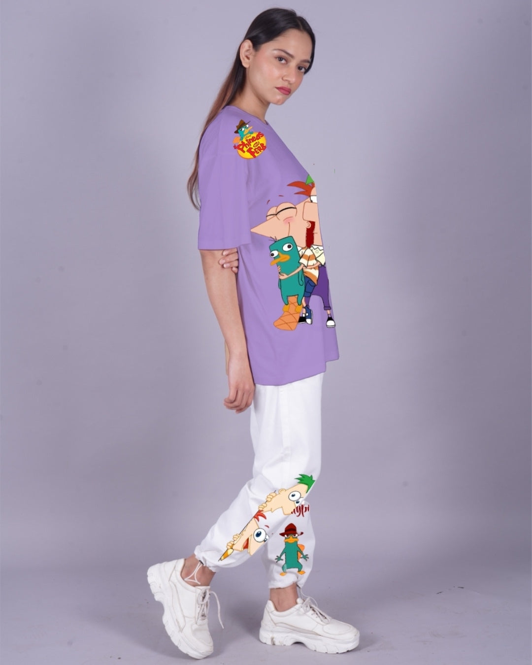 Women Perry the Platypus Oversized Co-Ord Set - Purple and White