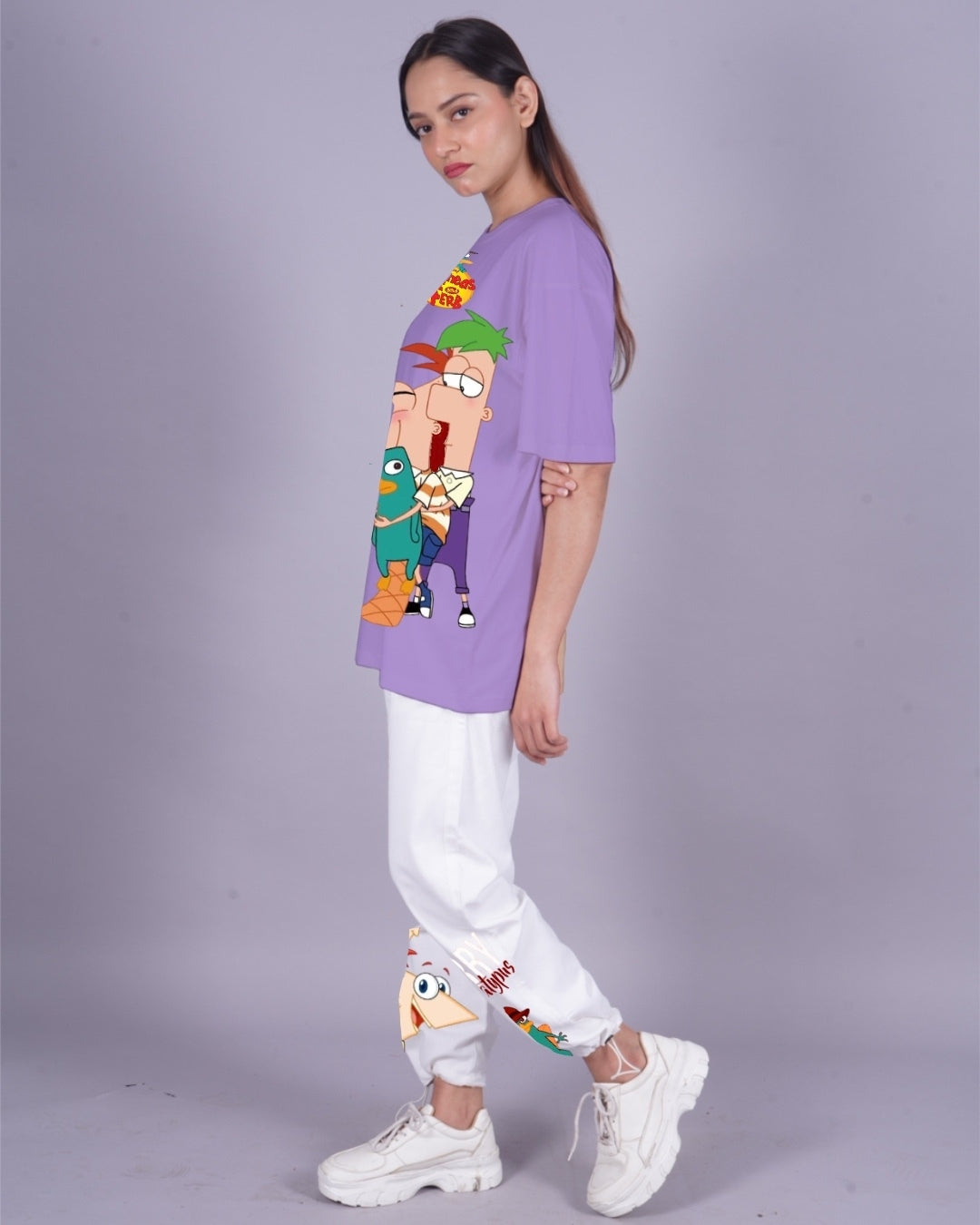 Women Perry the Platypus Oversized Co-Ord Set - Purple and White