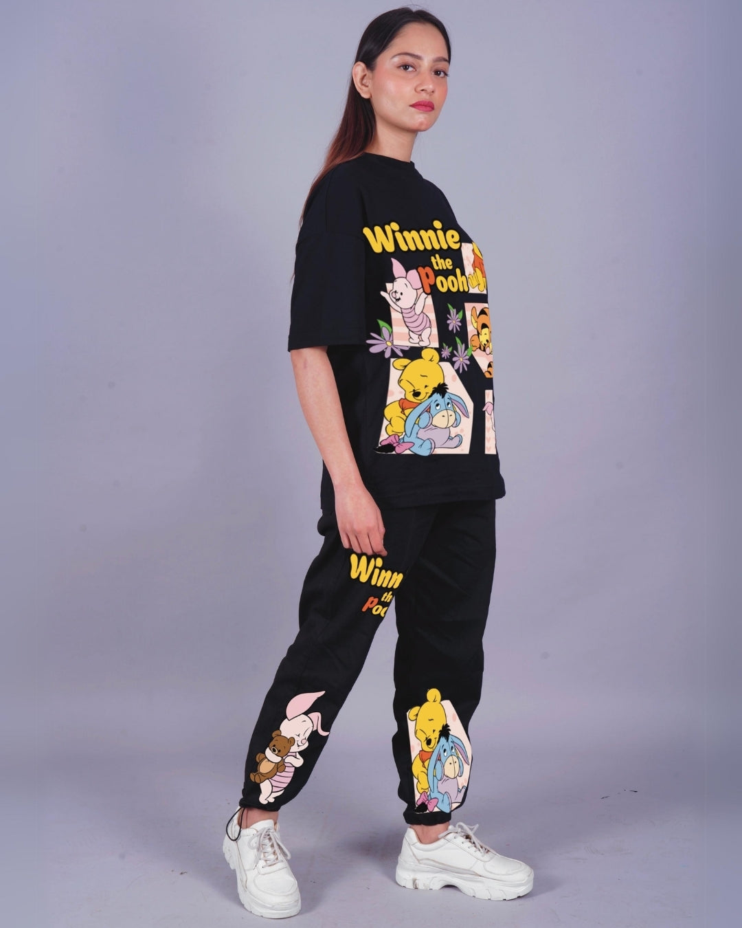 Women Winnie the Pooh Oversized Co-Ord Set - Black and Black