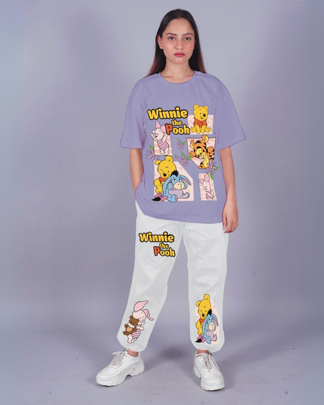 Women Winnie the Pooh Oversized Co-Ord Set - Purple and White