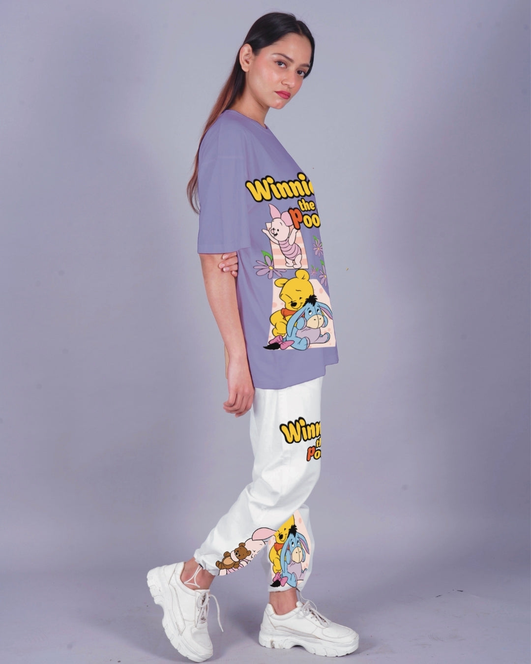 Women Winnie the Pooh Oversized Co-Ord Set - Purple and White