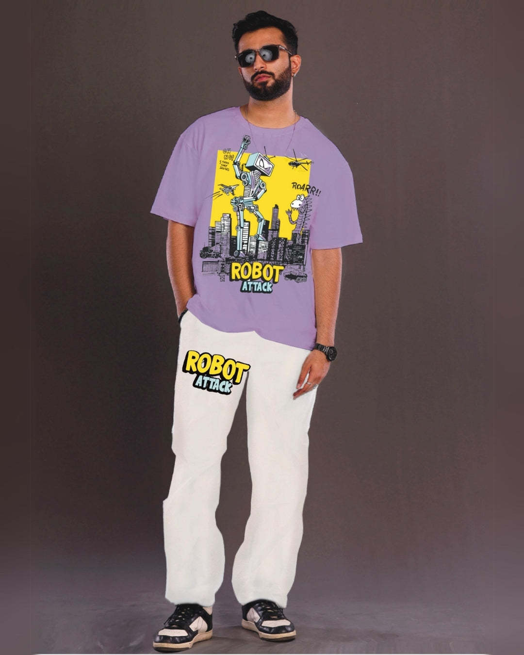 Men's Robot Attack Oversized Purple and White Coord Set