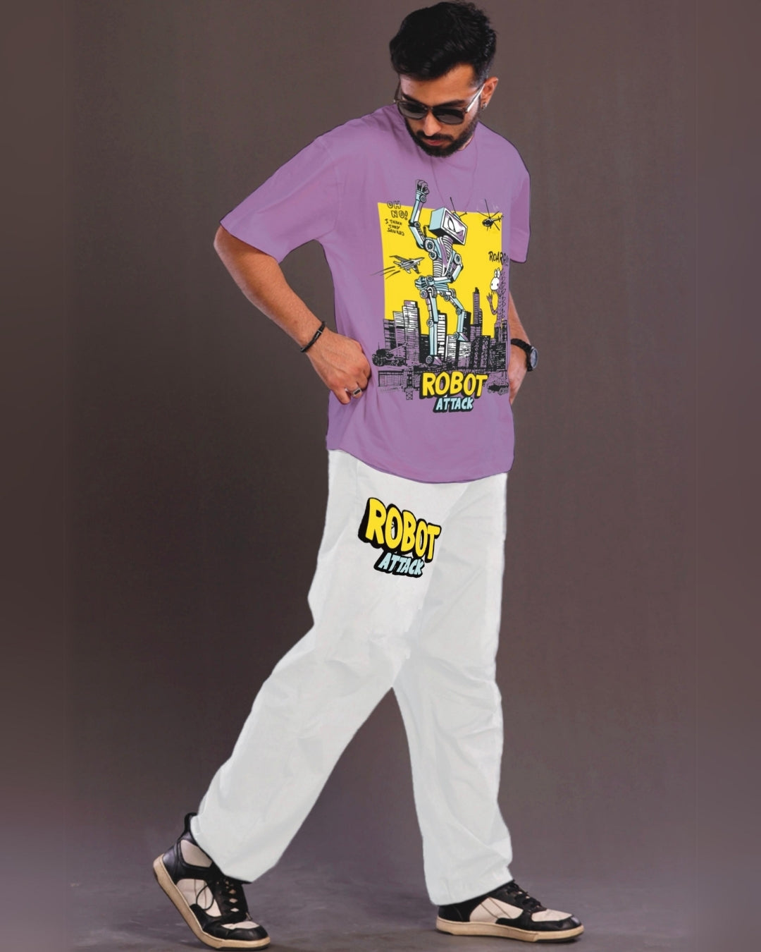 Men's Robot Attack Oversized Purple and White Coord Set