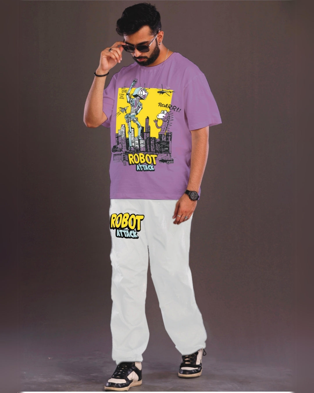 Men's Robot Attack Oversized Purple and White Coord Set