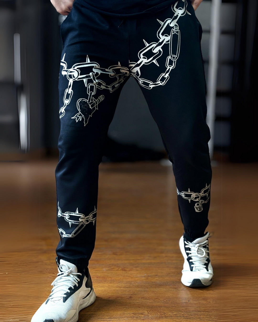 Men's Black Cotton Pant - Chain Design