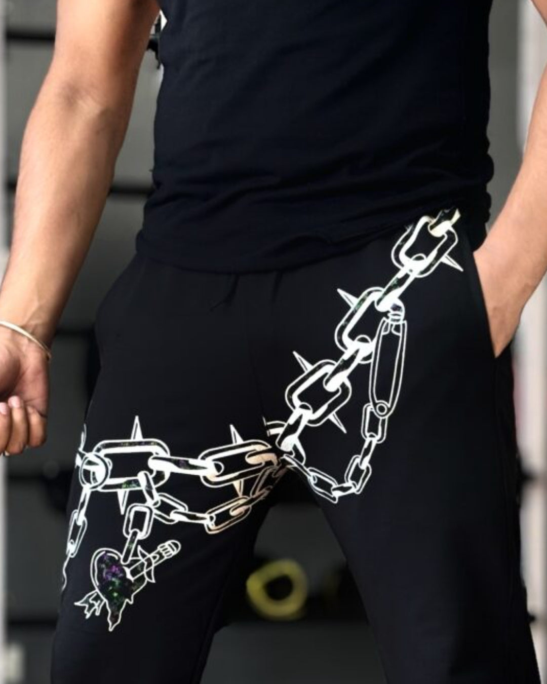 Men's Black Cotton Pant - Chain Design