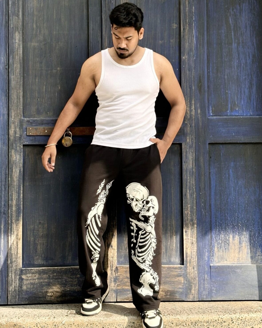 Men's Black Cotton Pant - Dual Skull