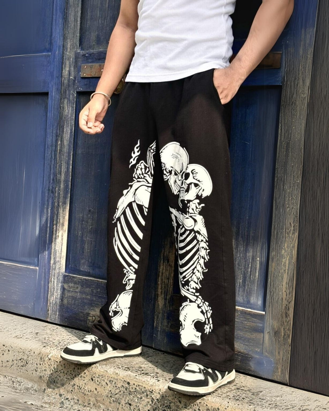 Men's Black Cotton Pant - Dual Skull