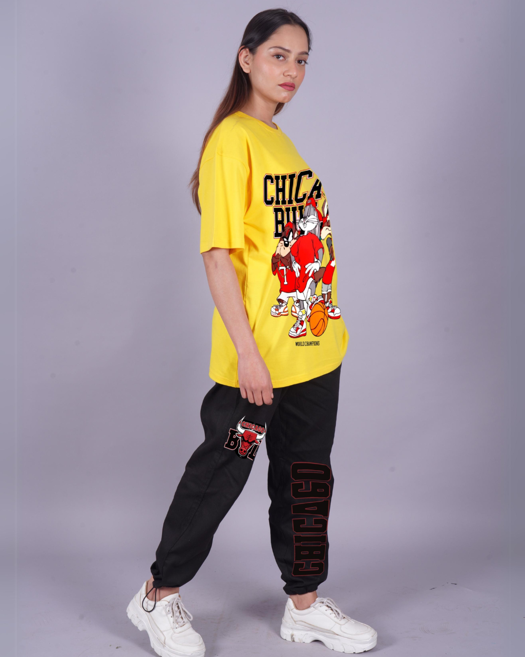 Women Chicago Bulls Oversized Co-Ord Set - Yellow and Black