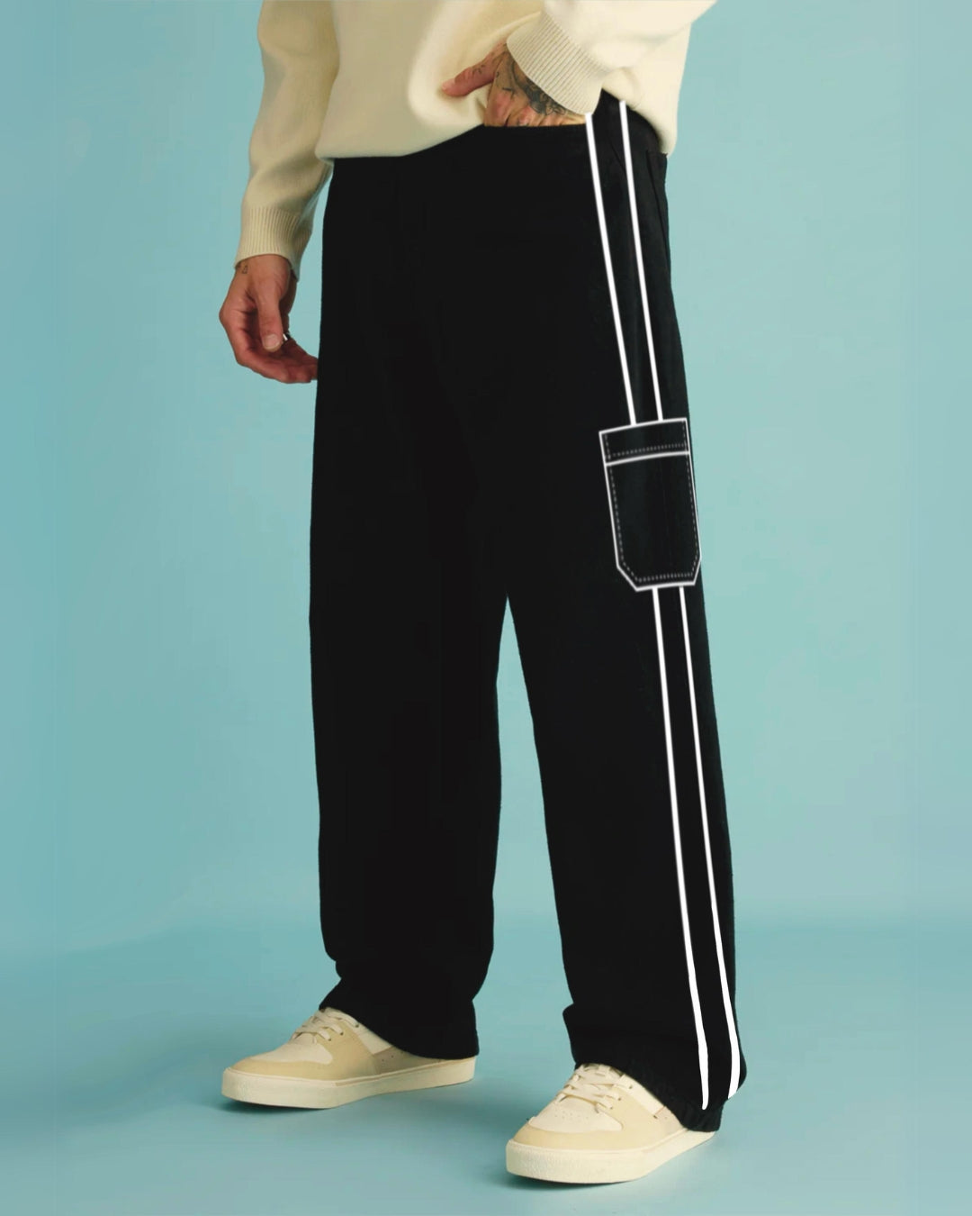 Men's Black Cotton Pant - White Stripe