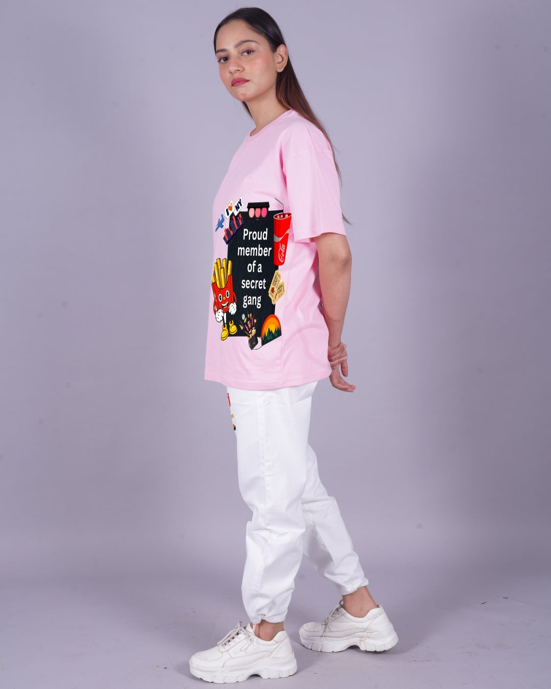 Women Secret Gang Oversized Co-Ord Set - Pink and White