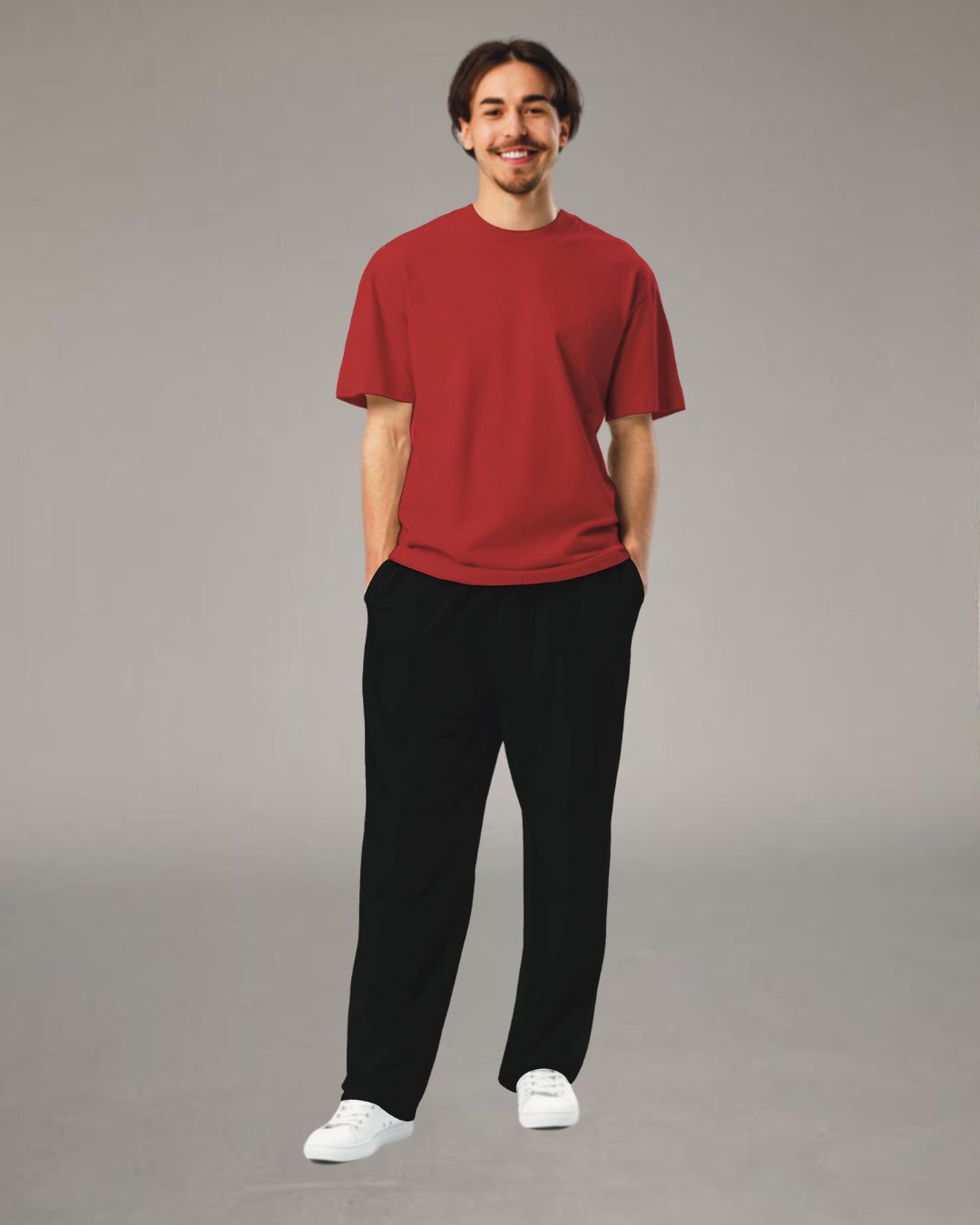 Red and Black Solid Oversized Men's Co Ord Set