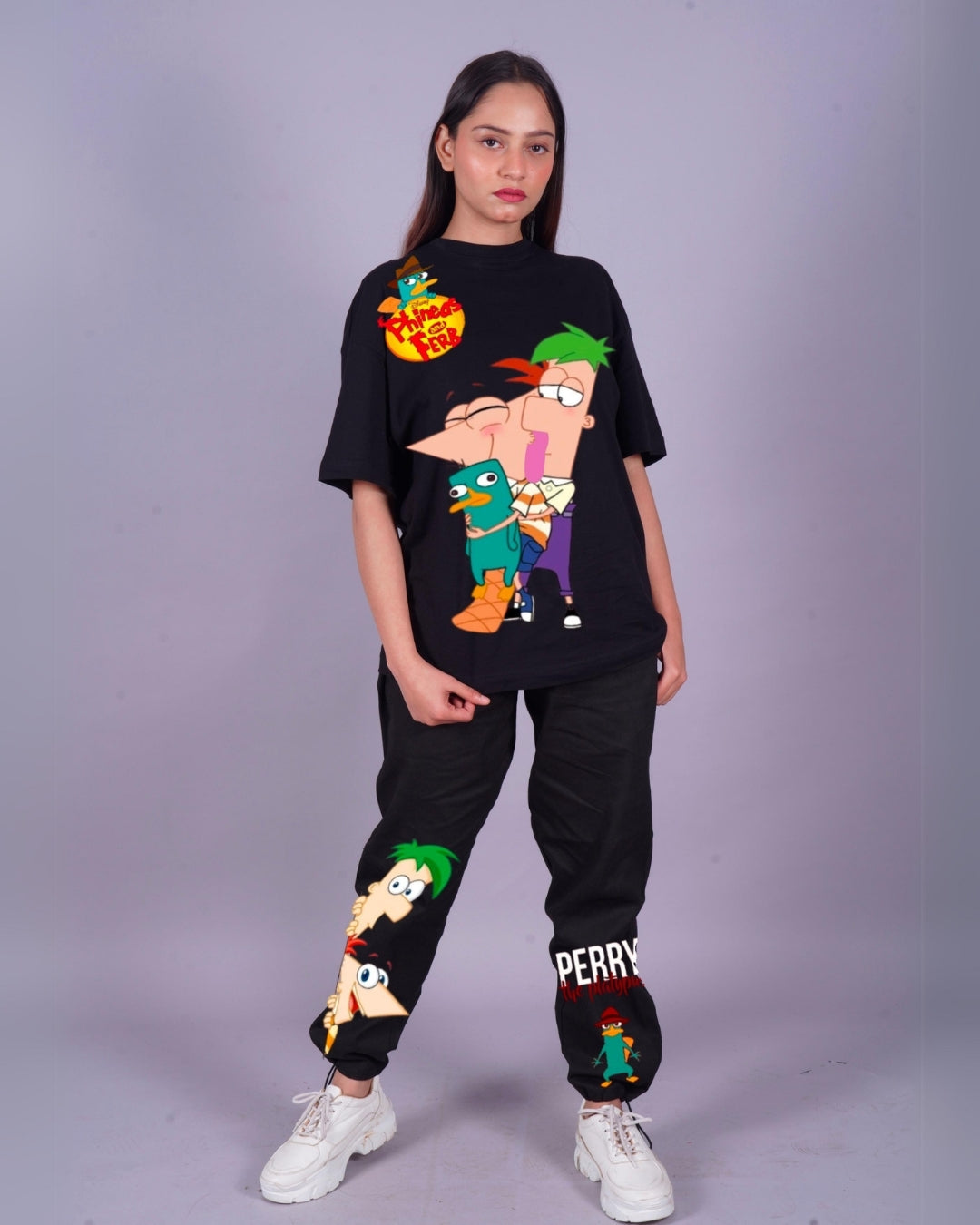 Women Perry the Platypus Oversized Co-Ord Set - Black and Black