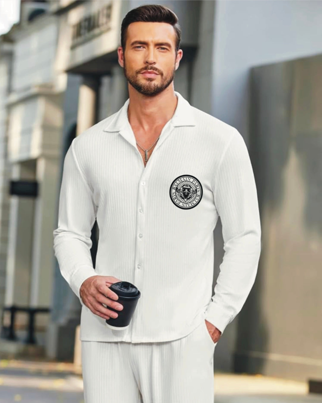 Bal,main Paris Full Sleeve White Oversized Knitted Shirt