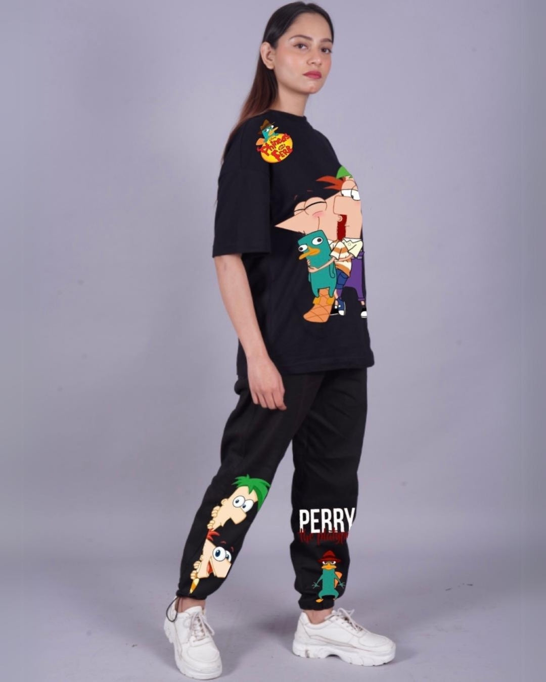 Women Perry the Platypus Oversized Co-Ord Set - Black and Black